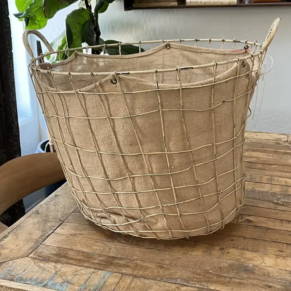 Rustic Farmhouse Wire Bushel Basket Burlap Liner